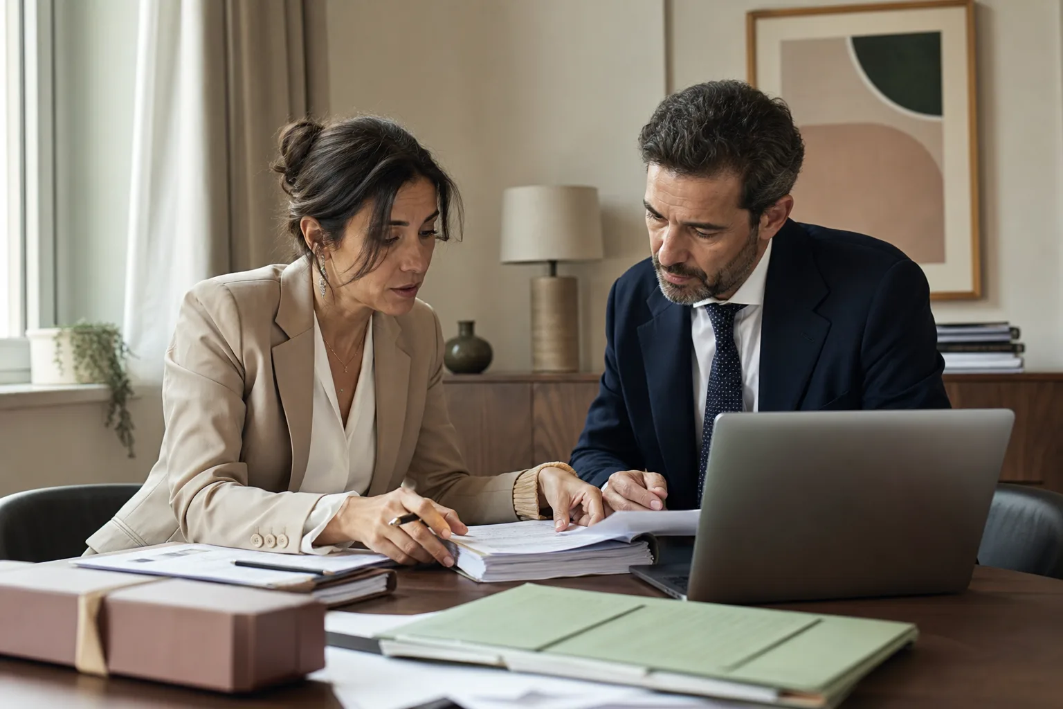 Avvocato al lavoro su fascicoli e documenti durante un corso AI